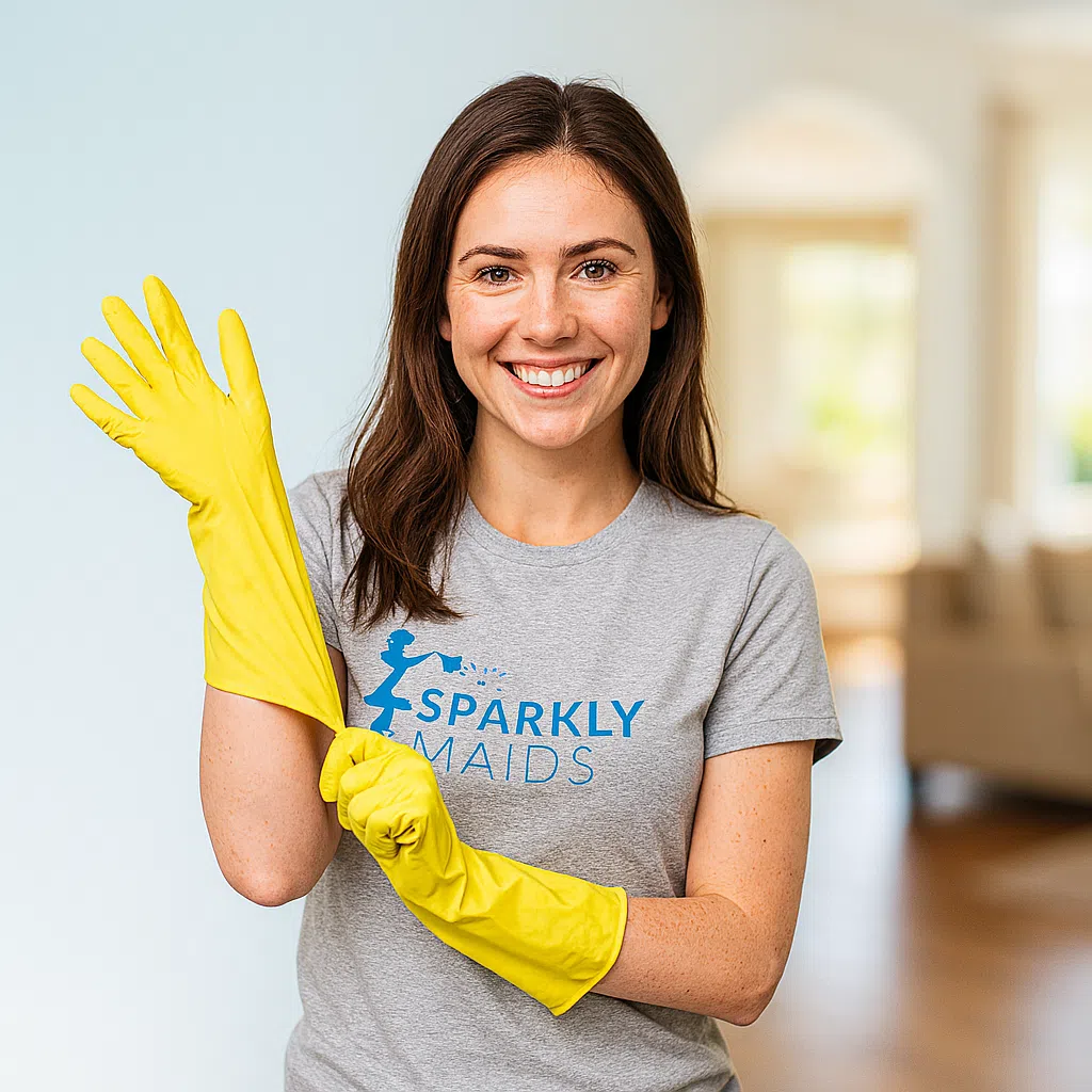 Maid wearing yellow gloves and Sparkly Maids T-shirt